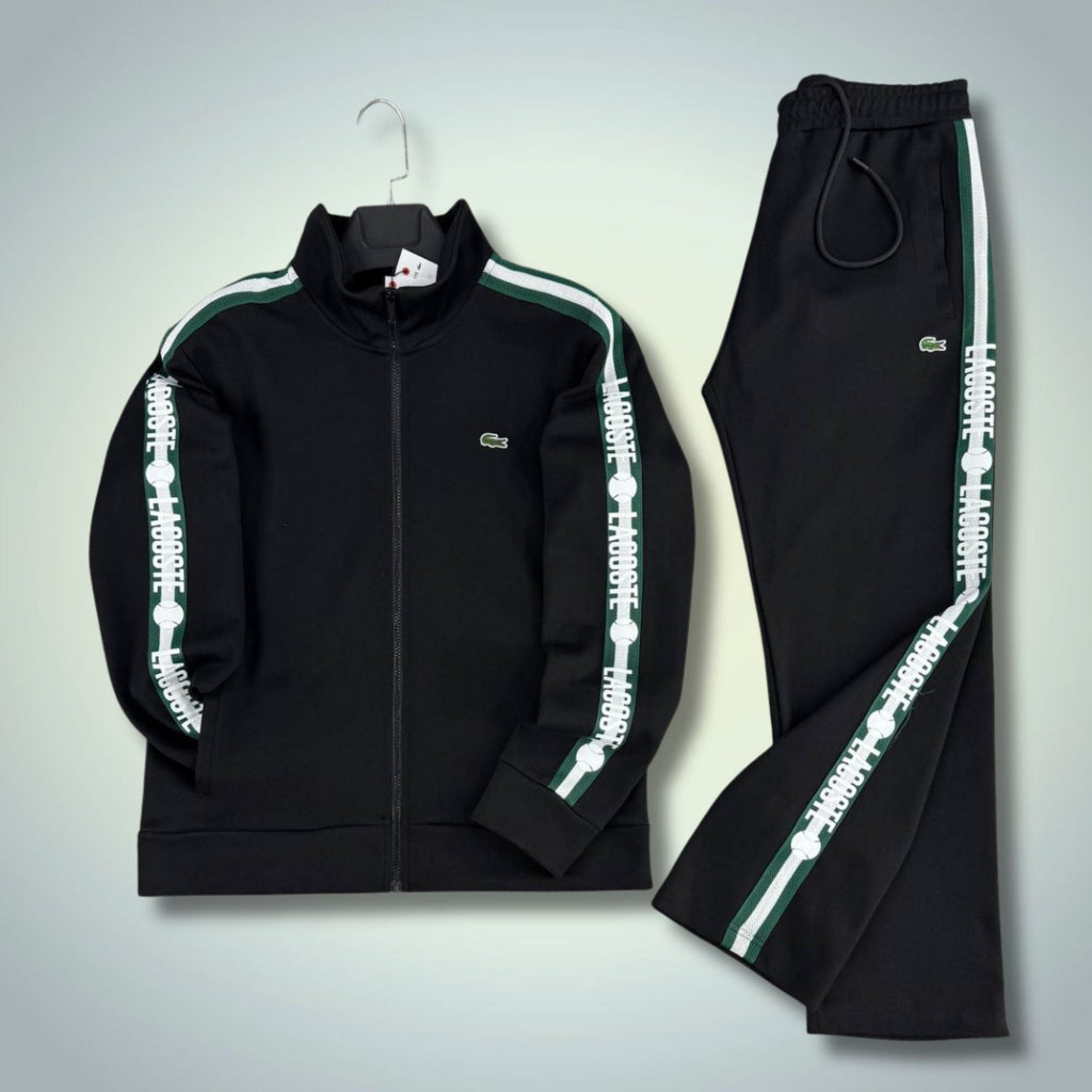 Lacoste pánská souprava, černá, s tenisovými pruhy, prémiová kvalita
