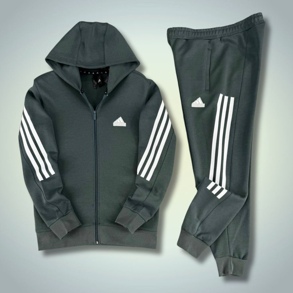 Adidas pánská tepláková souprava 2025, svislé pruhy, šalvějově zelená. Prémiová kvalita