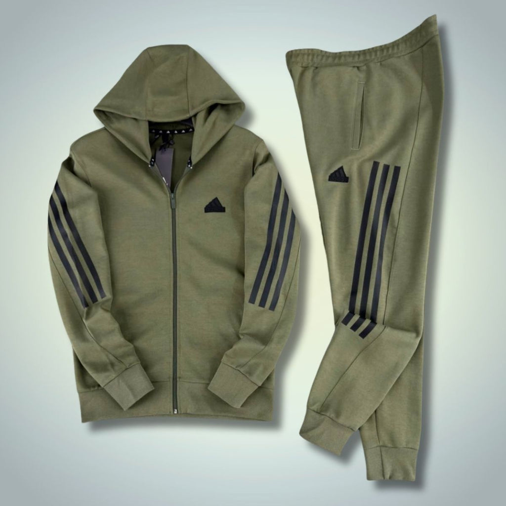 Adidas pánská tepláková souprava 2025, svislé pruhy, olivově zelená. Prémiová kvalita