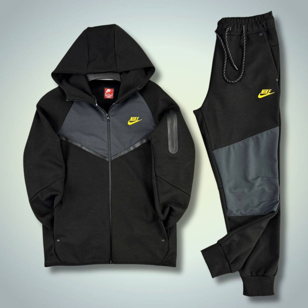Nike Tech Fleece pánská sportovní souprava, černo-grafitová, žluté logo, Model 2024. Prémiová kvalita