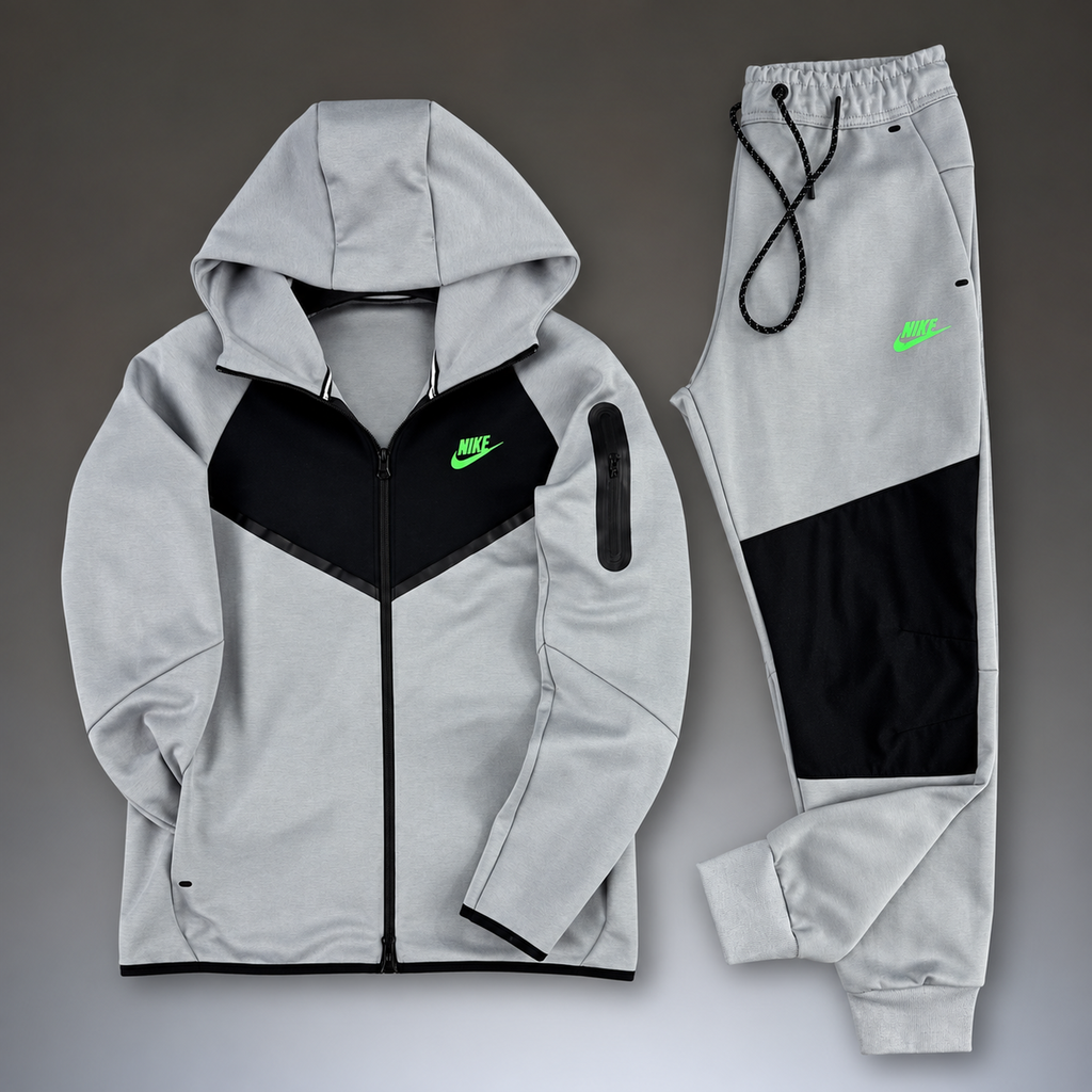 Nike Tech Fleece pánská sportovní souprava, šedá - černá, zelené logo. Model 2024. Prémiová kvalita