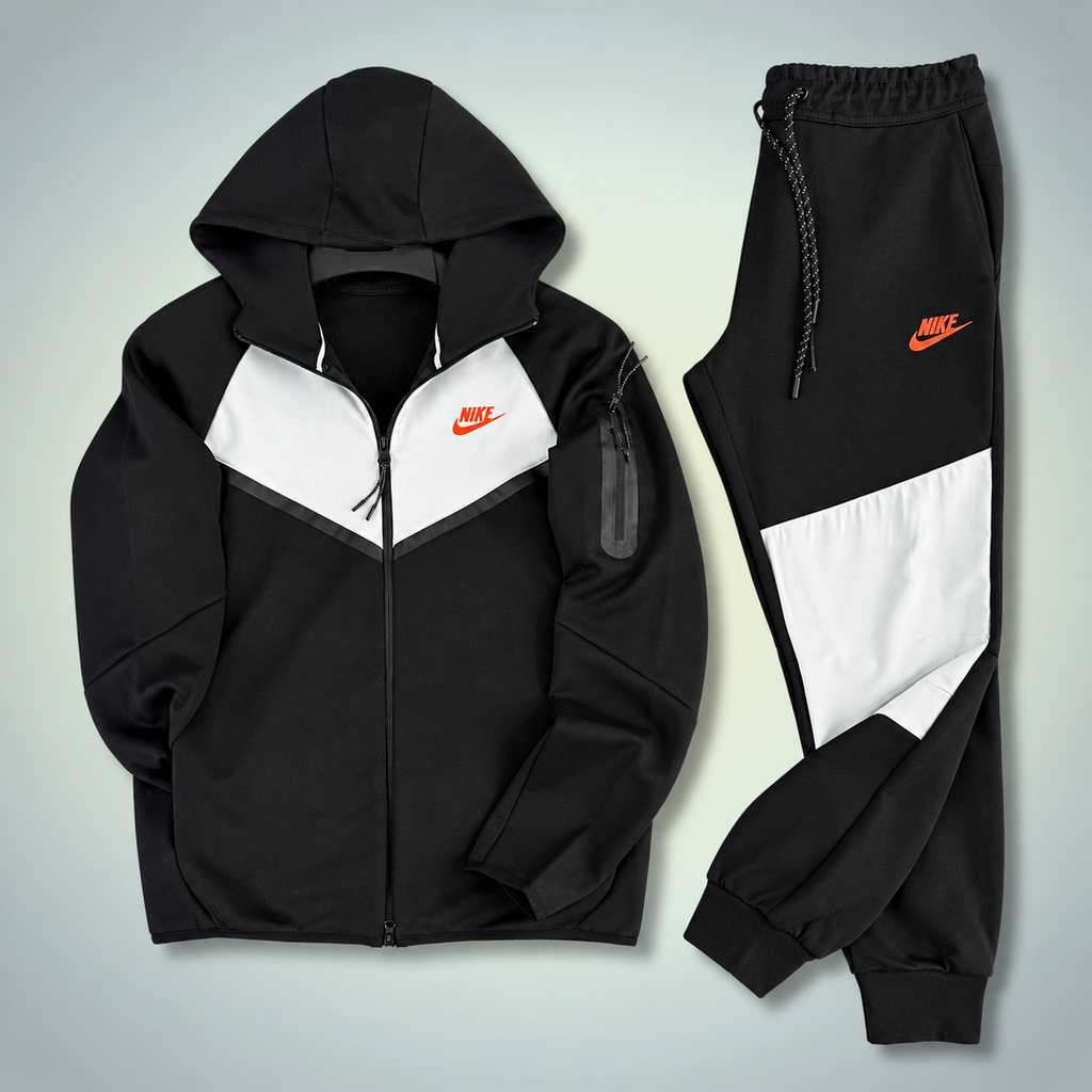 Nike Tech Fleece pánská sportovní souprava, černá - bílá, oranžové logo. Model 2024. Prémiová kvalita