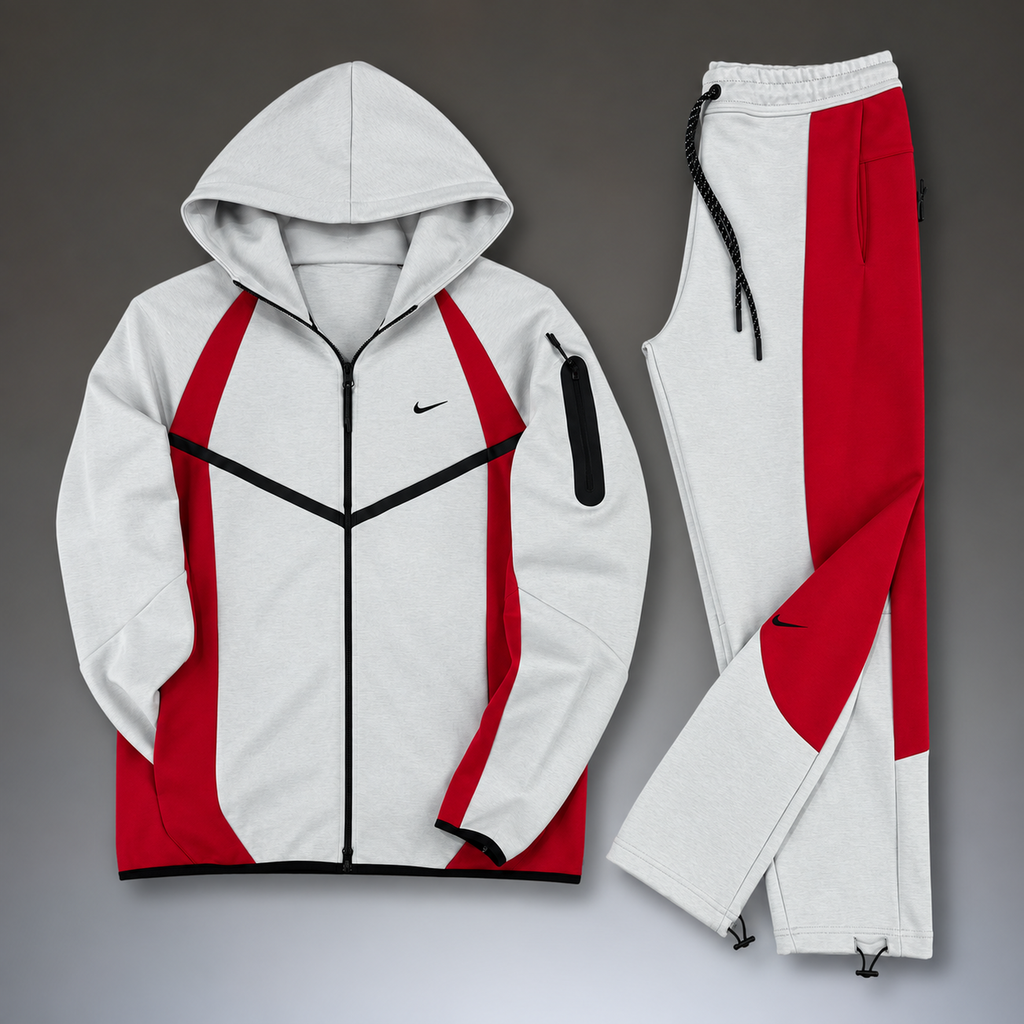 Nike Tech Fleece pánská sportovní souprava, světle šedá - červená. Model 2026. Prémiová kvalita