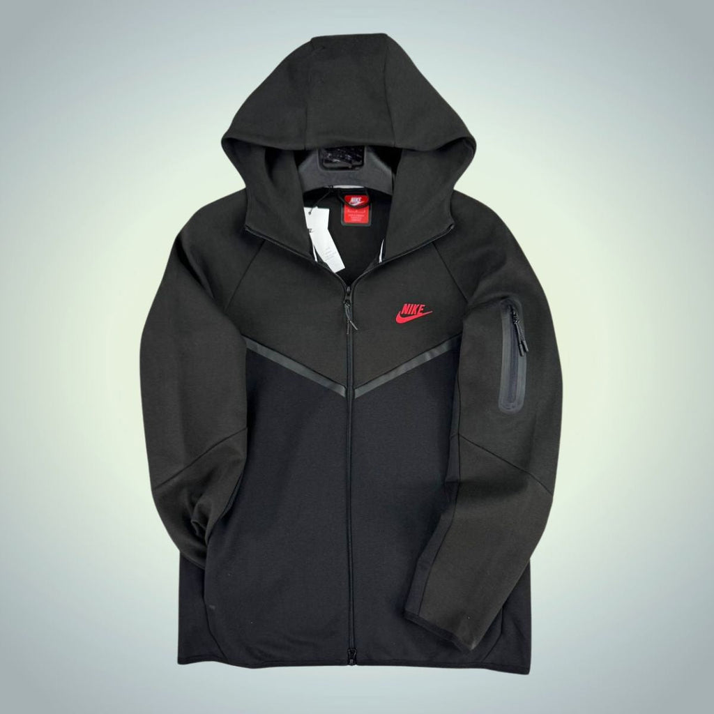 Pánská mikina Nike Tech Fleece, červené logo, grafit – černá, Model 2024. Prémiová kvalita