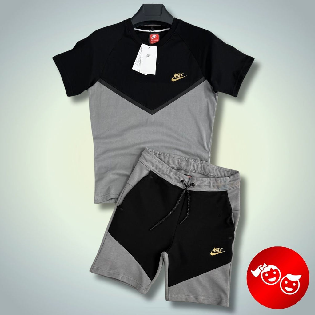 Nike Tech Fleece detská súprava s kraťasy, čierno-sivá, zlaté logo. Prémiová kvalita