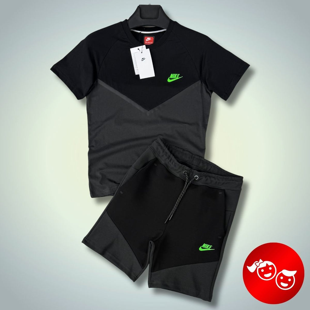 Nike Tech Fleece detská súprava s kraťasy, grafitovo-čierna, neónové logo. Prémiová kvalita