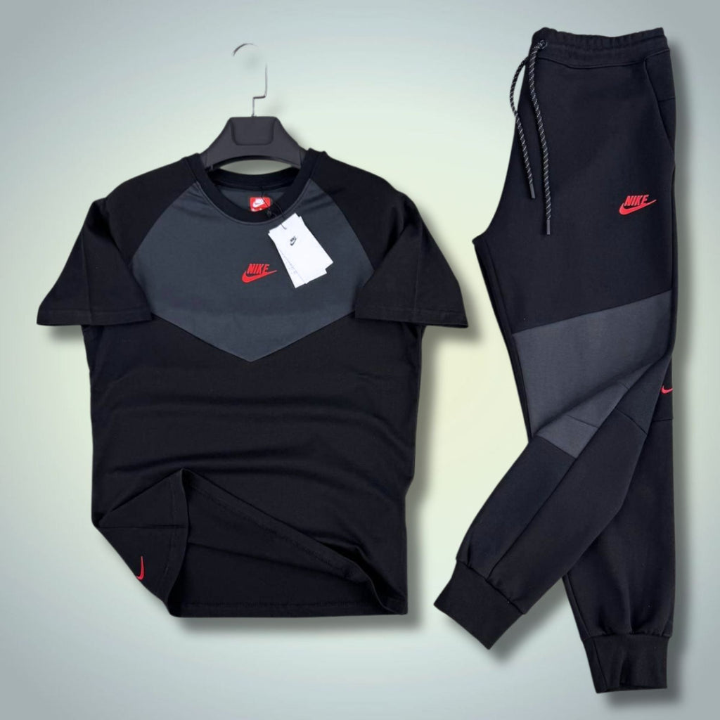 Nike Tech Fleece pánský letní sportovní set, černo-grafitový, červené logo. 2026. Premium kvalita
