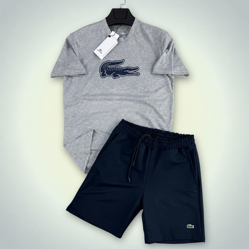 Lacoste Big Logo pánská krátká sportovní souprava, klasická šedo-tmavomodrá. Premium kvalita