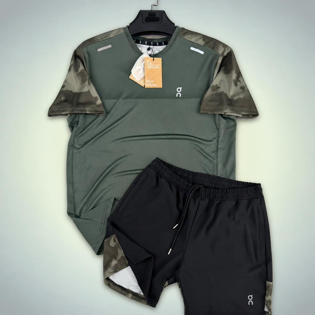 ON Military pattern pánská krátká sportovní souprava, zelená s černým pruhem loga. Premium kvalita