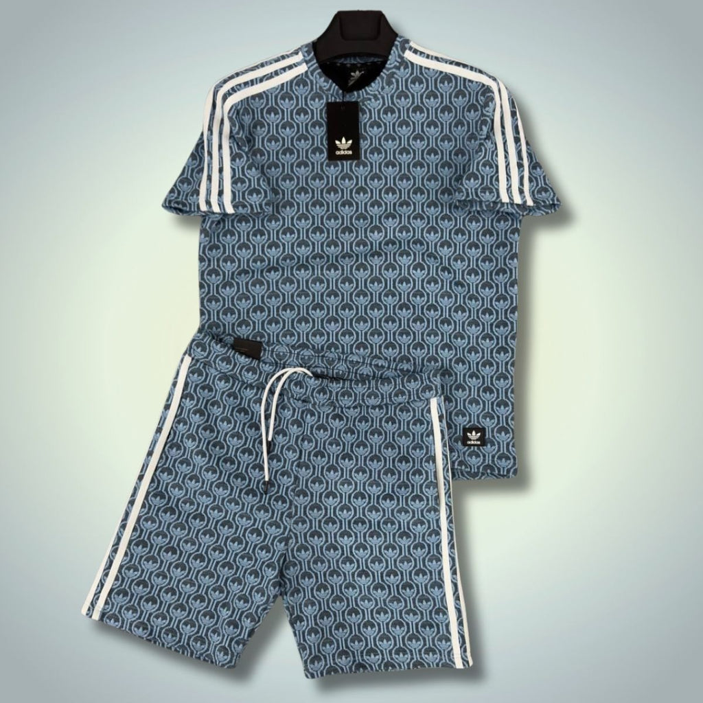 Adidas pánská souprava s kraťasy, vzor s logem, modrá. Prémiová kvalita