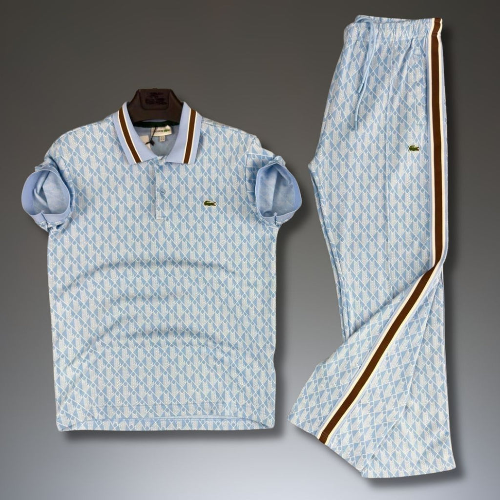Pánská letní souprava Lacoste, Jacquard polokošile, světle modrá. Prémiová kvalita