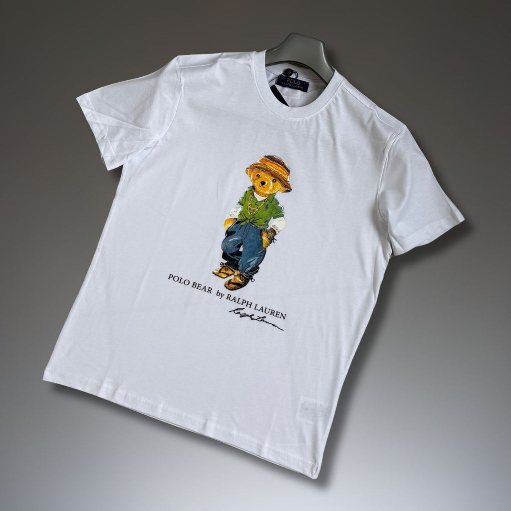 Pánské tričko Ralph Lauren, velký potisk medvěda, bílé. Prémiová kvalita