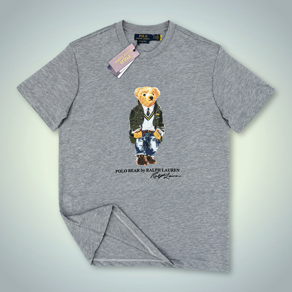 Ralph Lauren pánské tričko, potisk medvídek v uniformě, klasické šedé. Prémiová kvalita