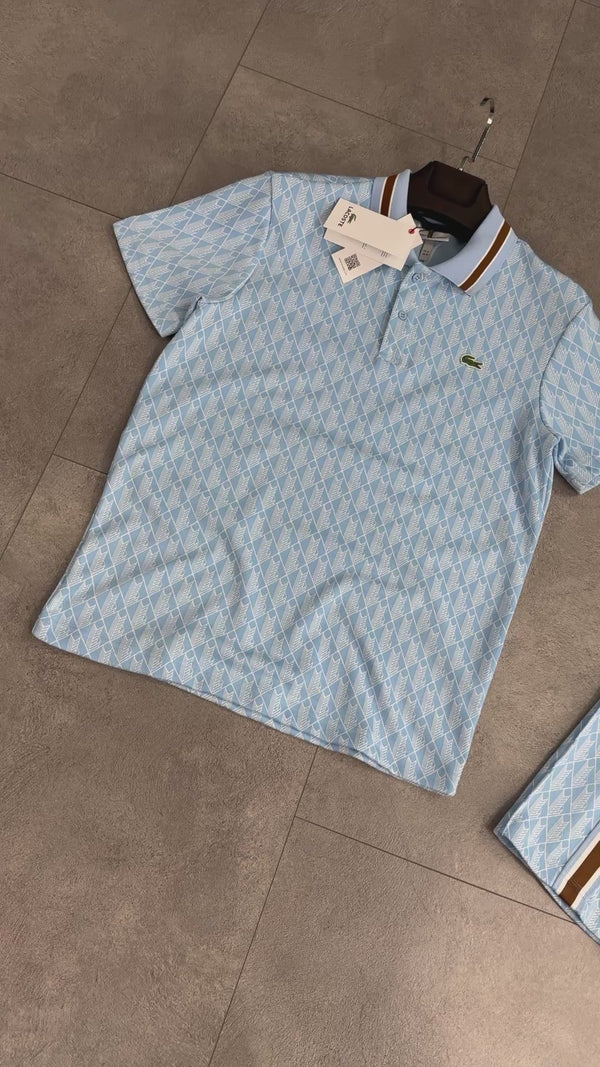 Pánská letní souprava Lacoste, Jacquard polokošile, světle modrá. Prémiová kvalita