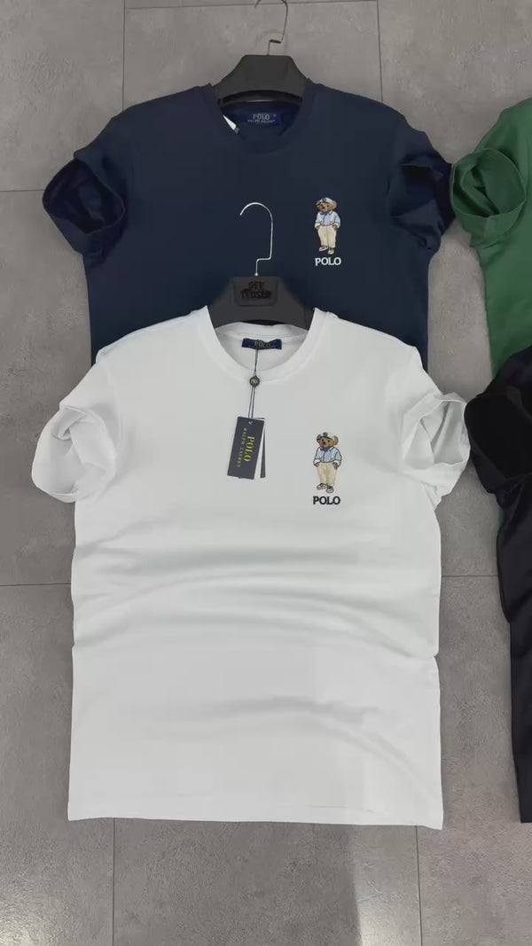 Pánské tričko Ralph Lauren, malý potisk medvěda, bílé. Prémiová kvalita